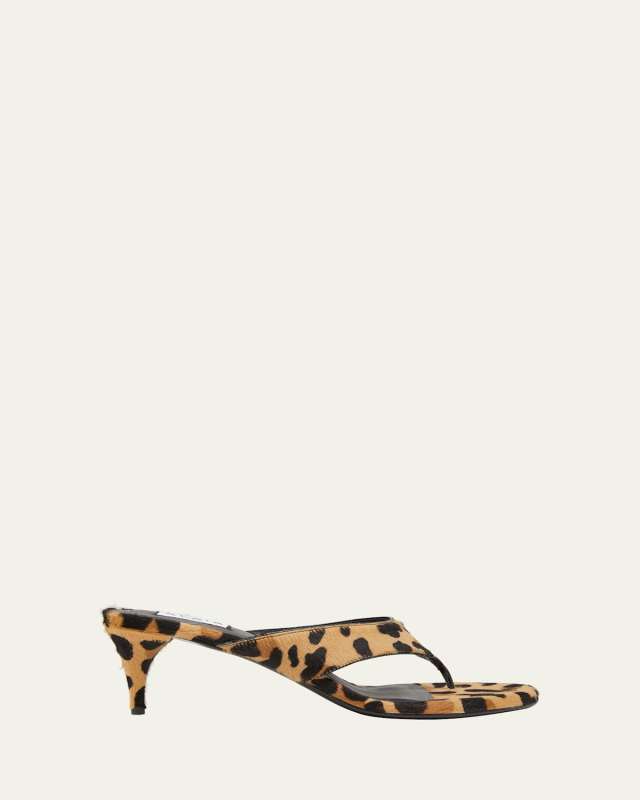 Leopard Horse Hair Kitten-Heel Thong Sandals